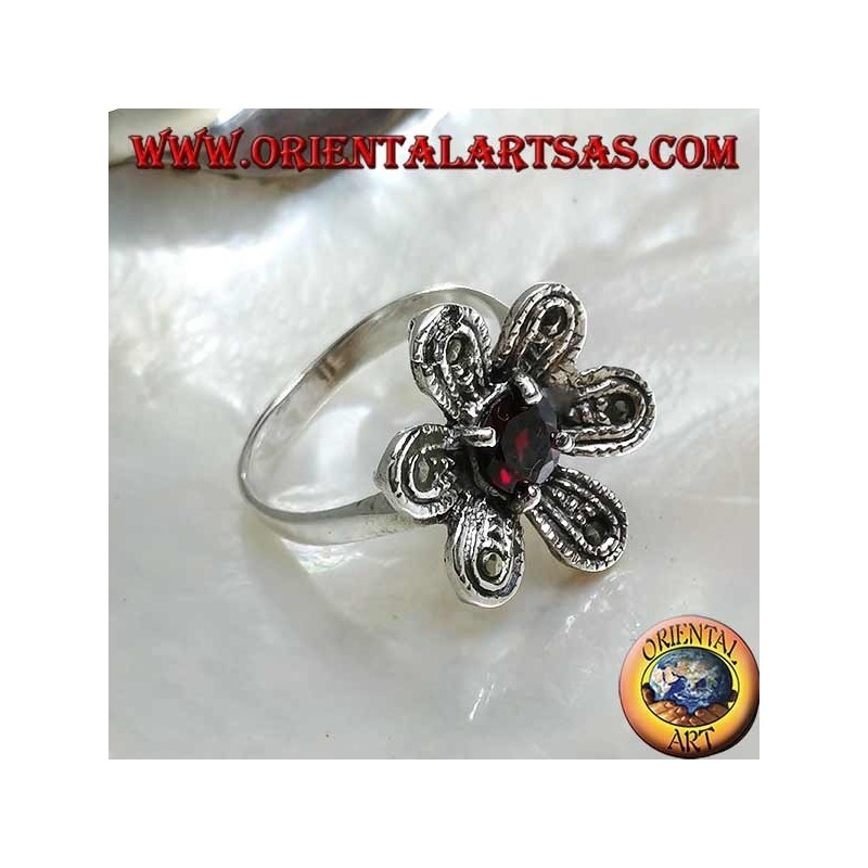 Bague en argent en forme de fleur "étoile de Bethléem" avec grenat naturel rond et marcassite