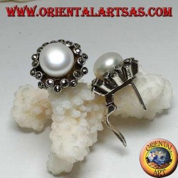 Lever-lock silver earrings with freshwater pearl surrounded by two alternating lines of marcasite