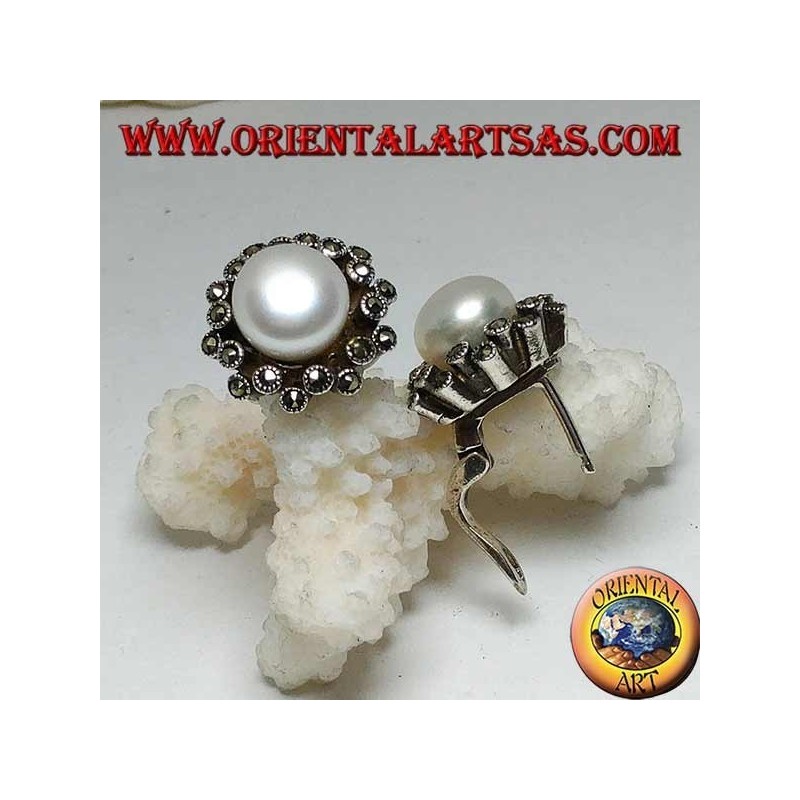 Lever-lock silver earrings with freshwater pearl surrounded by two alternating lines of marcasite