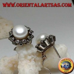 Lever-lock silver earrings with freshwater pearl surrounded by two alternating lines of marcasite