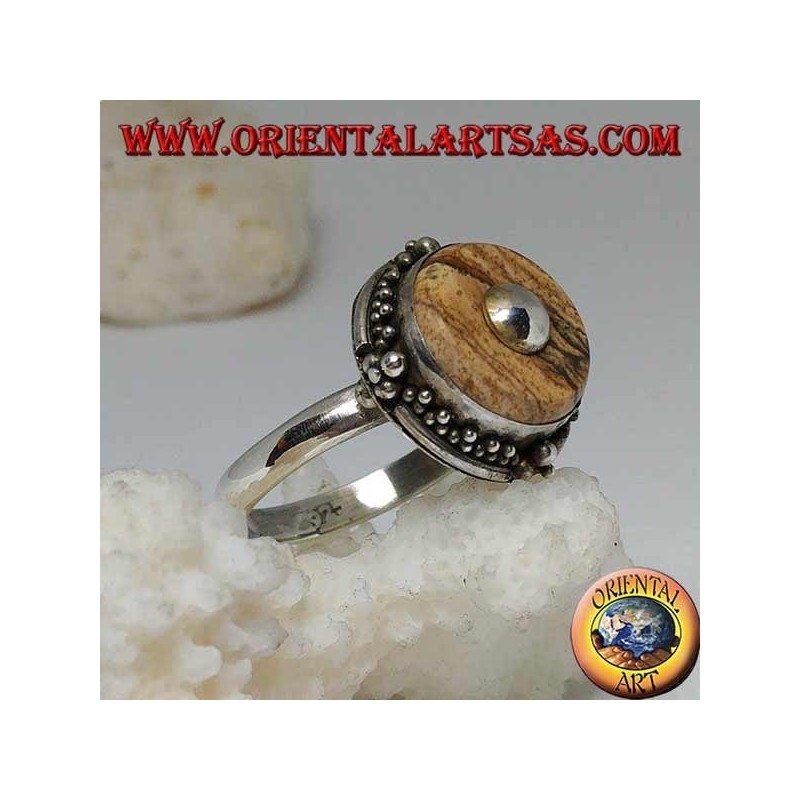Silver ring with country jasper disc and central ball
