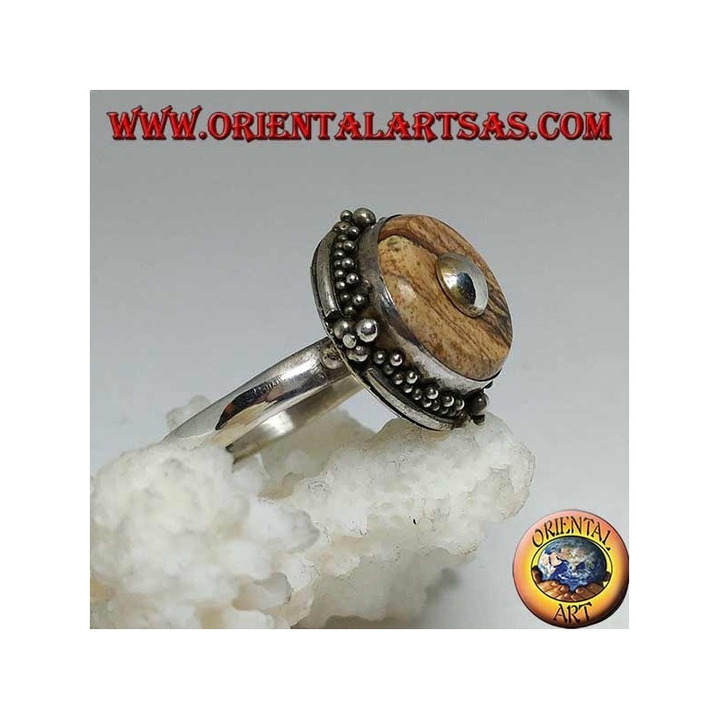 Bague en argent avec disque de jaspe country et boule centrale