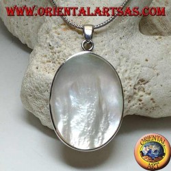 Silver pendant with large oval mother of pearl on a smooth side frame