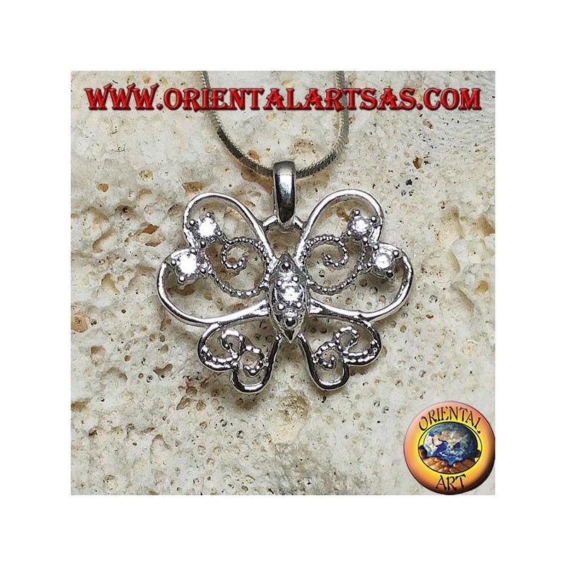 Silver butterfly pendant with stylized wings with a thin and perforated line with round zircons set