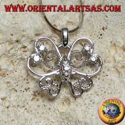 Silver butterfly pendant with stylized wings with a thin and perforated line with round zircons set
