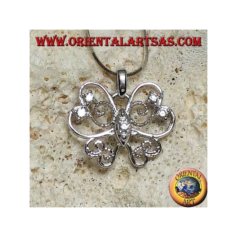 Pendentif papillon en argent aux ailes stylisées avec une ligne fine et ajourée sertie de zircons ronds