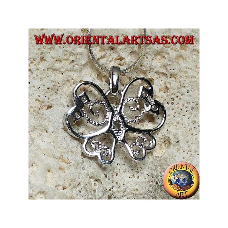Colgante de mariposa de plata con alas estilizadas con una línea delgada y perforada con circonitas redondas.
