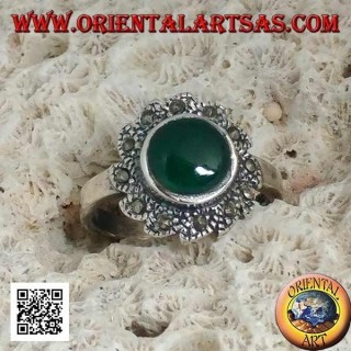 Silver ring with round green agate surrounded by marcasite arranged in a vortex