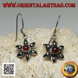 Silver flower earrings with six petals with central handmade carnelian