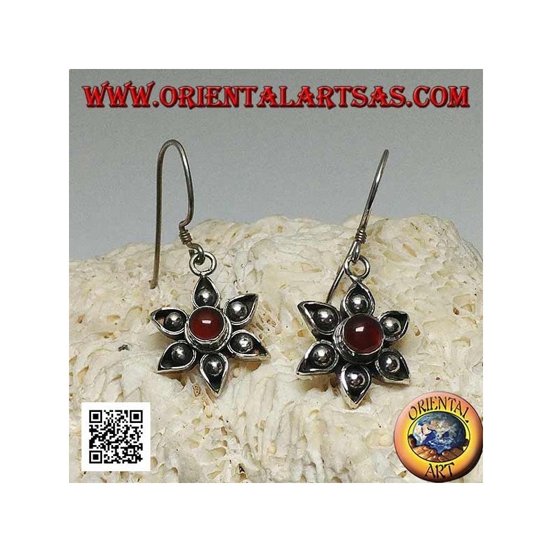 Silver flower earrings with six petals with central handmade carnelian