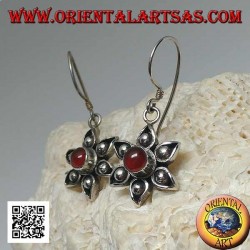 Silver flower earrings with six petals with central handmade carnelian