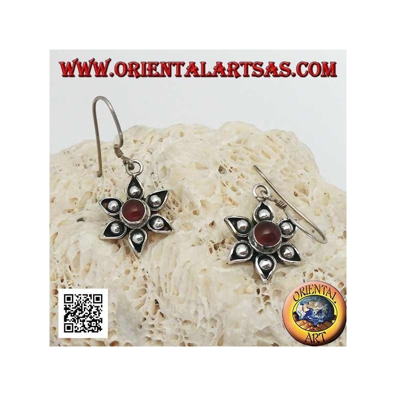 Silver flower earrings with six petals with central handmade carnelian