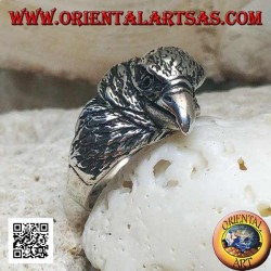 Silver ring with three-quarter pecking eagle head