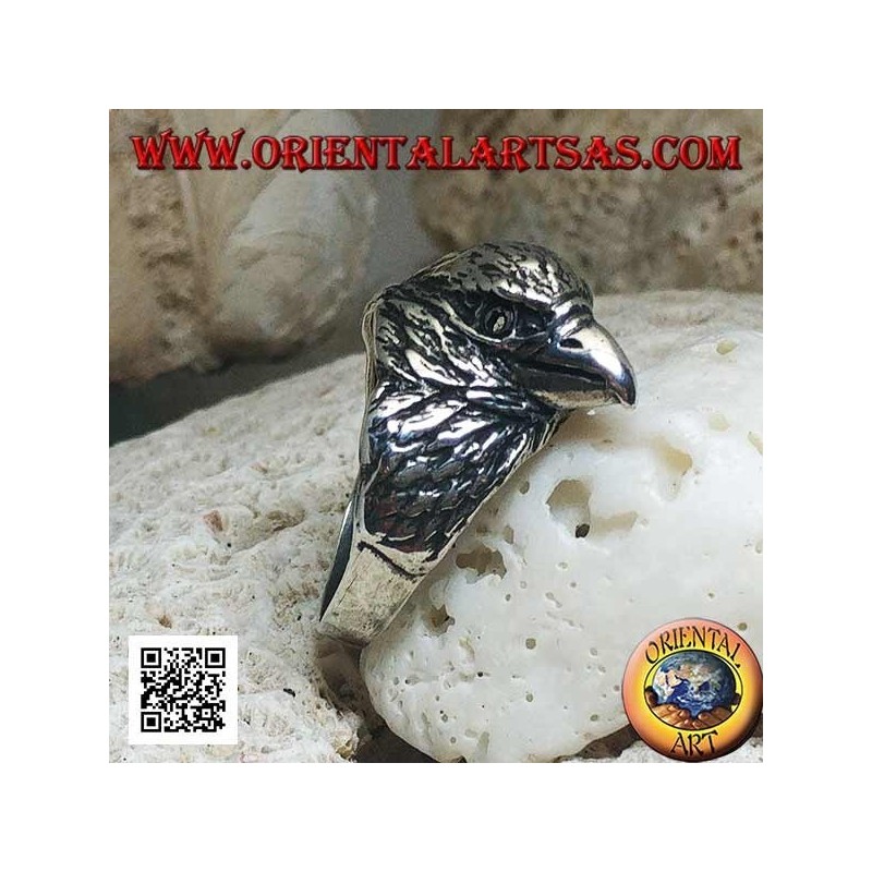 Silver ring with three-quarter pecking eagle head