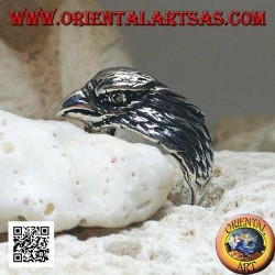 Silver ring with three-quarter pecking eagle head