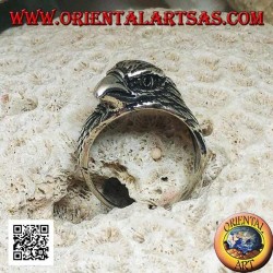 Silver ring with three-quarter pecking eagle head