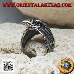 Silver ring with three-quarter pecking eagle head