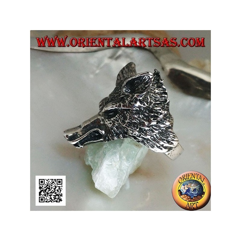 Anillo de plata, cabeza de lobo ártico o lobo de nieve masivo (grande)