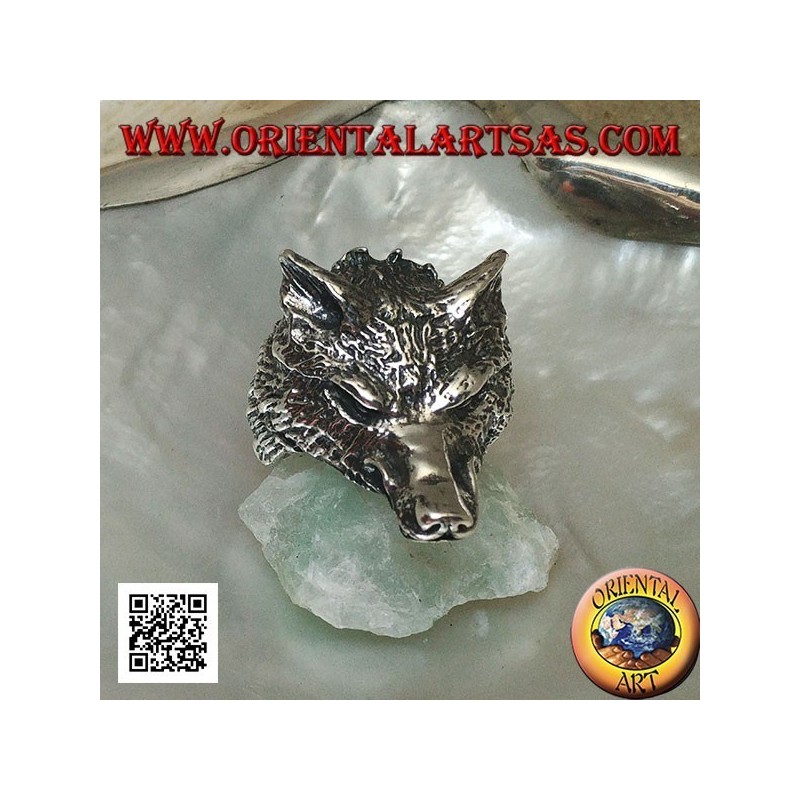 Bague en argent, tête de loup arctique ou loup des neiges massif (grand)