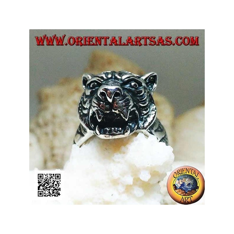 Anillo de plata maciza con gran cabeza prominente de tigre que sobresale