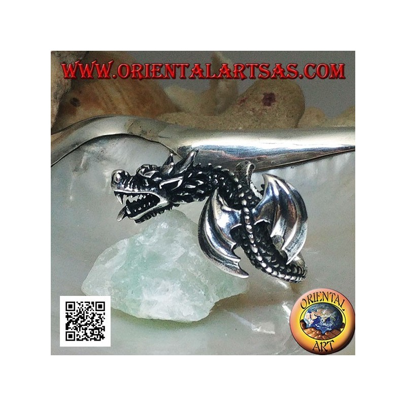 Anello in argento, drago viverna in volo e testa inclinata