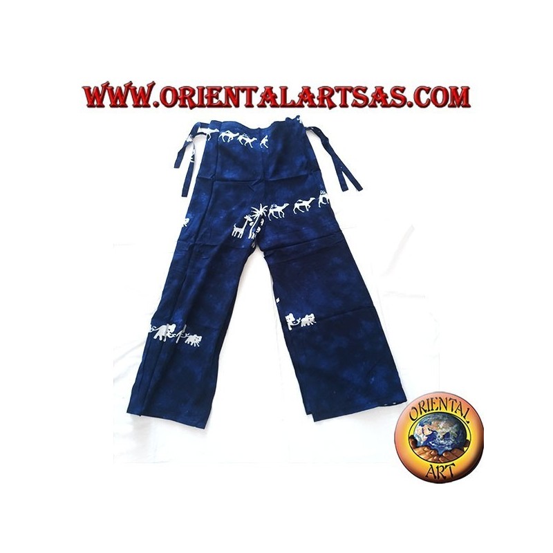 Long blue unisex sea pantapareo with white designs of elephant, giraffe and camel families