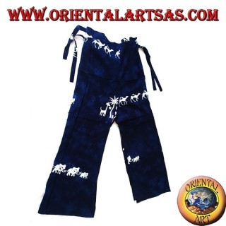 Pantapareo marino unisex azul largo con diseños blancos de familias de elefantes, jirafas y camellos