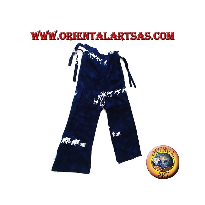 Pantapareo unisex lungo blu con disegni bianchi di famiglie di elefanti, giraffe e cammelli