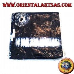 Long blue unisex pantapareo with white designs of horizontal bands and stylized suns