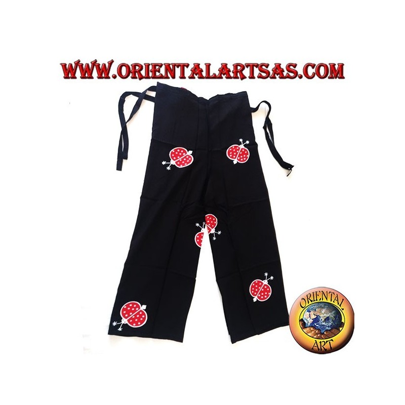 Long unisex black sea pantapareo with red and white ladybug designs
