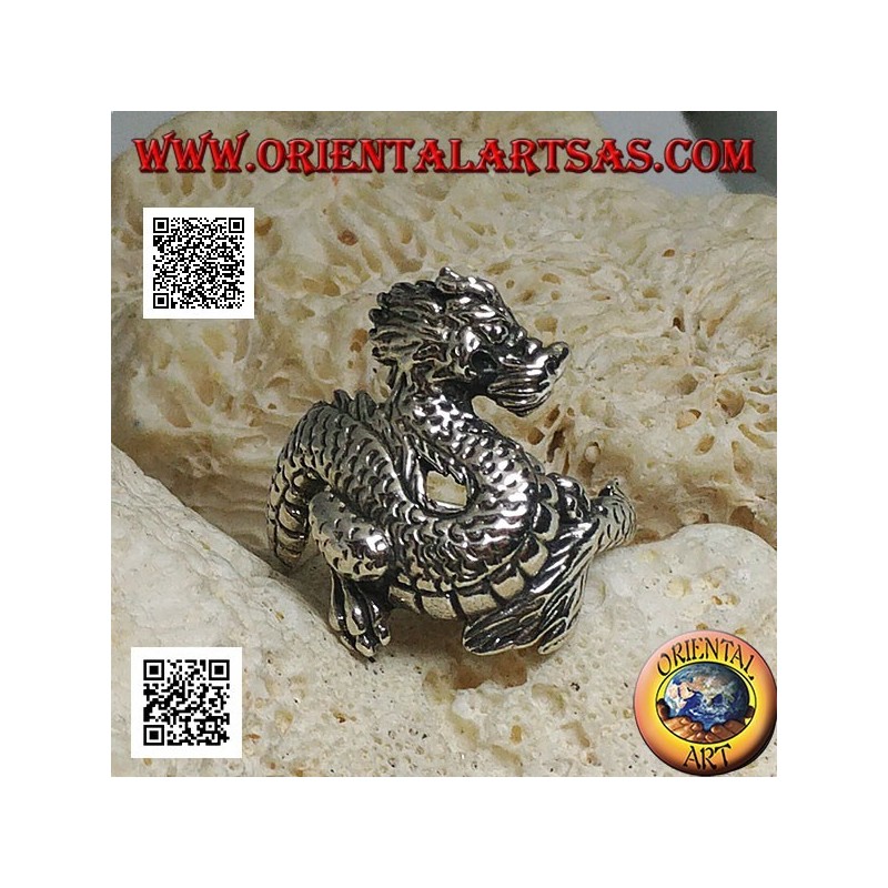 Bague en argent, dragon Lindworm (mythologie nordique) moustachu