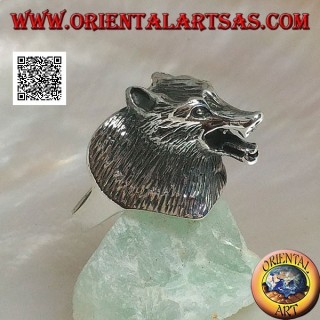 Bague en argent, tête de loup tchécoslovaque trois-quarts (grande)