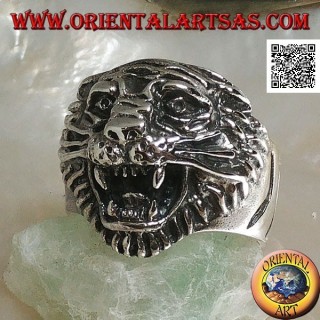 Bague en argent grognant tête de tigre avec moustache