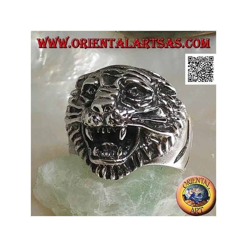 Bague en argent grognant tête de tigre avec moustache
