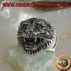 Bague en argent grognant tête de tigre avec moustache