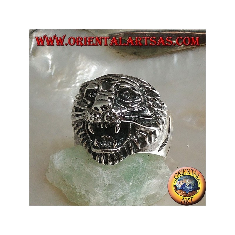 Anillo de plata gruñendo cabeza de tigre con bigote
