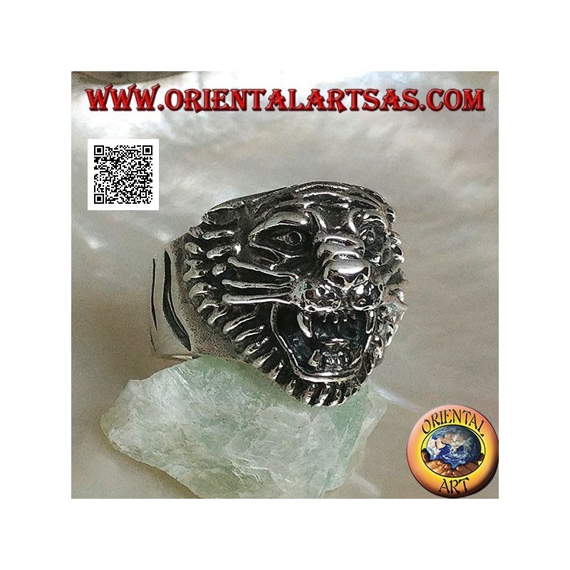 Bague en argent grognant tête de tigre avec moustache
