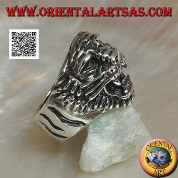 Silver ring growling tiger head with mustache