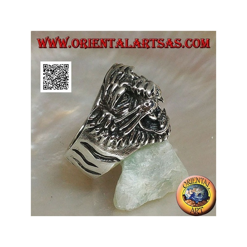 Silver ring growling tiger head with mustache