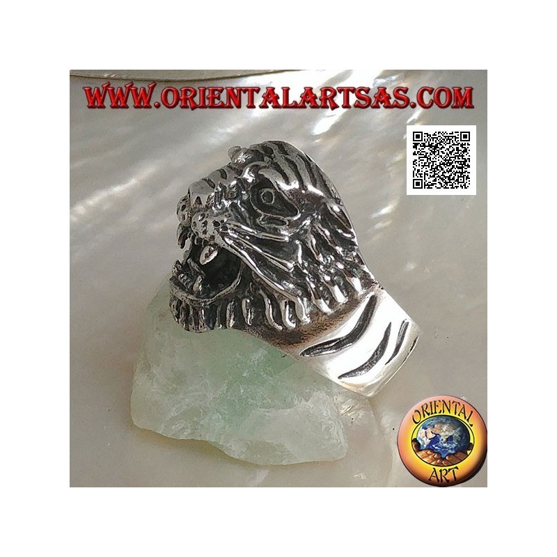 Anello in argento testa di tigre ringhiante con baffi