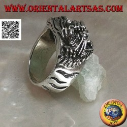 Silver ring growling tiger head with mustache