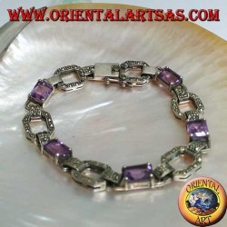 Pulsera de plata con 5 amatistas rectangulares naturales engastadas con anillos de marcasita.