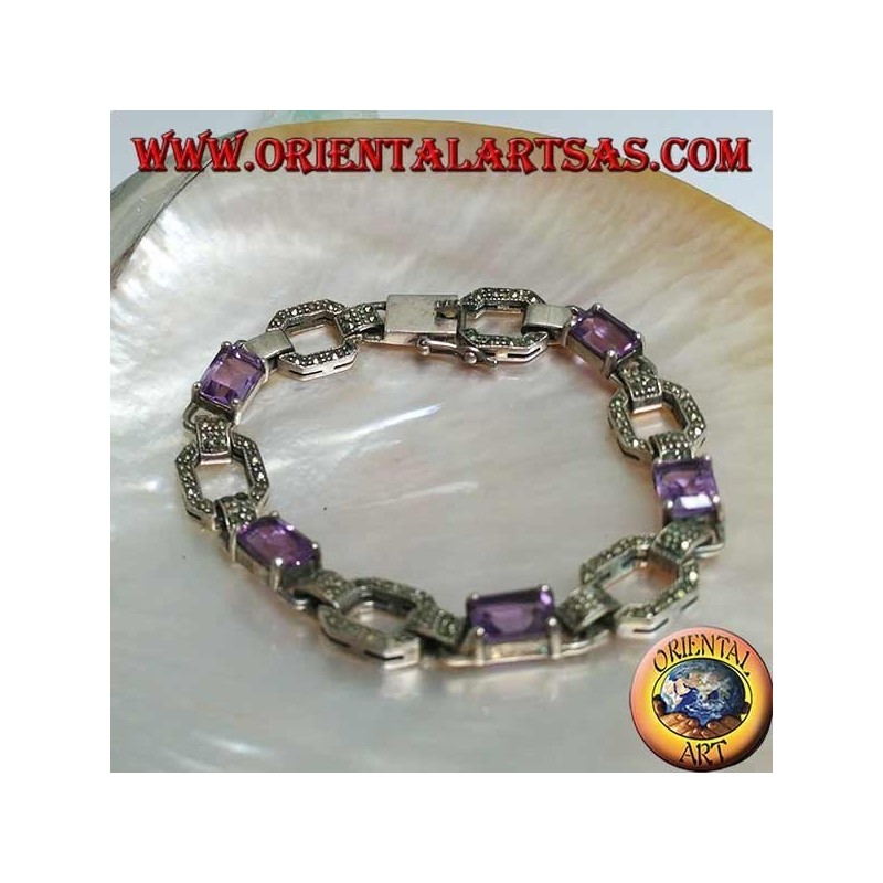 Bracelet en argent serti de 5 améthystes rectangulaires naturelles alternant avec des anneaux en marcassite