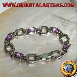 Pulsera de plata con 5 amatistas rectangulares naturales engastadas con anillos de marcasita.