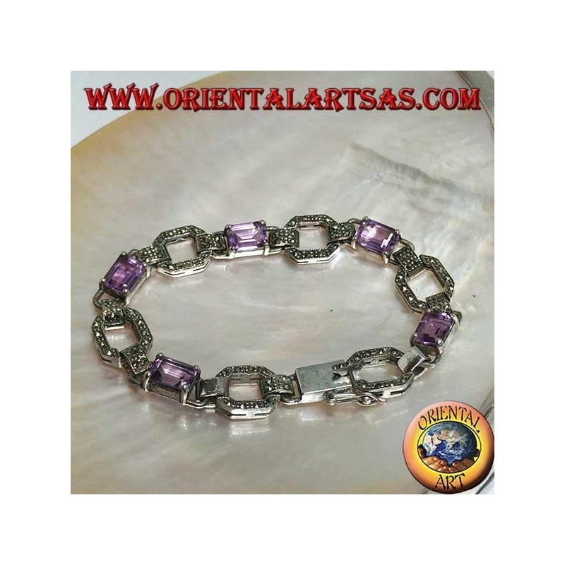 Silberarmband mit 5 natürlichen rechteckigen Amethysten im Wechsel mit Markasitringen