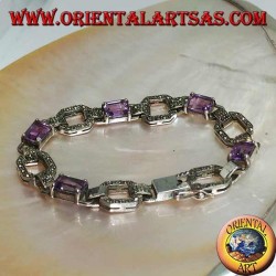 Bracelet en argent serti de 5 améthystes rectangulaires naturelles alternant avec des anneaux en marcassite
