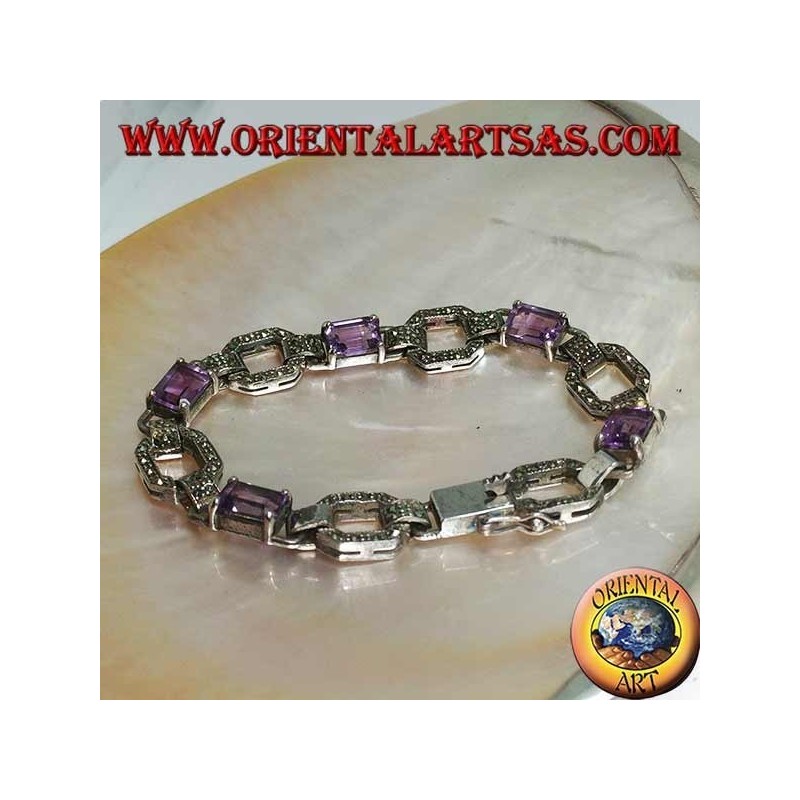 Bracciale in argento con 5 ametiste rettangolari naturali incastonate alternate ad anelli di marcassite