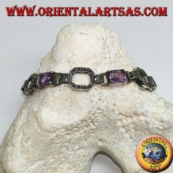 Bracelet en argent serti de 5 améthystes rectangulaires naturelles alternant avec des anneaux en marcassite