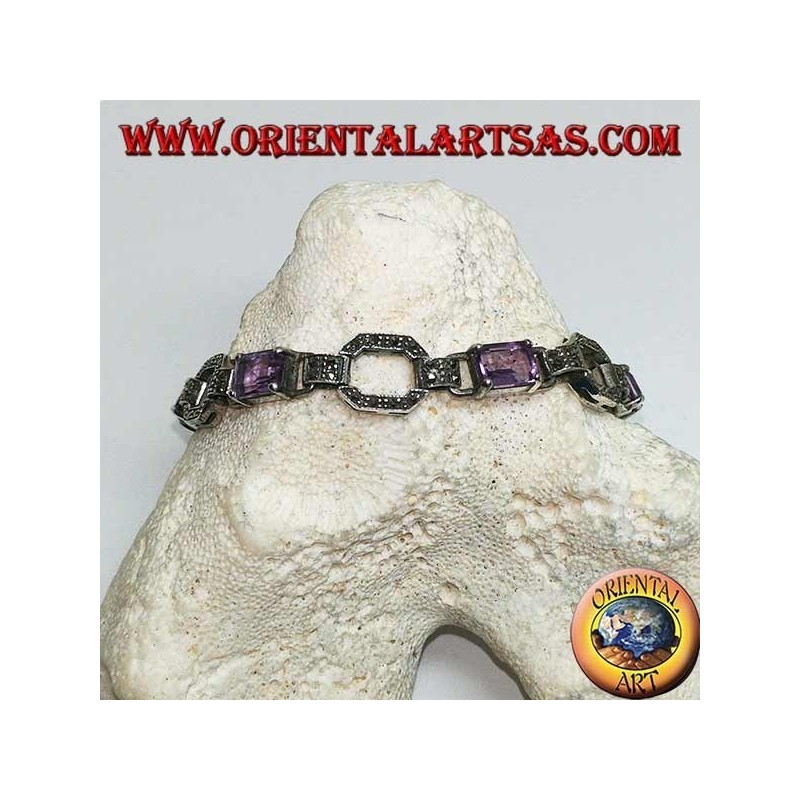Bracciale in argento con 5 ametiste rettangolari naturali incastonate alternate ad anelli di marcassite