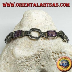 Silberarmband mit 5 natürlichen rechteckigen Amethysten im Wechsel mit Markasitringen